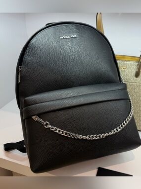 Michael Kors Black Large Pebbled Leather Backpack with Silver Chain